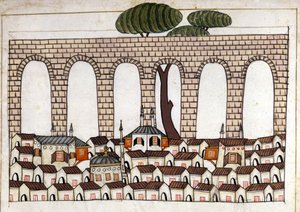 Kilátás Konstantinápolyra és vízvezetékére. Miniatűr a „” török emlékművekből”” (Cicogna kódex 1971 „Memorie Turchesche”) Akvarell a 17. századi velencei iskolából. alkotó: Venetian School