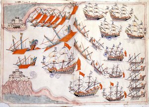 Háború Velence és az Oszmán Birodalom között: Dardanellák csata, amelyben Lorenzo Marcello velencei kapitány 1655-ben győzött (akvarell)