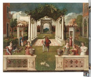 Klasszikus építészeti kert elegáns figurákkal, azon túl hegyes táj, kb. 1530 (olaj, vászon) alkotó: Veronese School