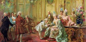 Wolfang Amadeus Mozart (1756-1791) a Madame (Marquise) de Pompadournál (Mozart családja, az európai körút során) (1763-1766) - Akadémiai művészet: Paredes 1763-ban Versailles-ban bemutatta a fiatal Mozartot Madame de Pompadournak, Vicente Gar alkotó: Vicente Garcia de Parades