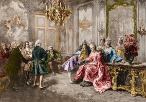 Wolfgang Amadeus Mozart (1756-1791) Madame (Marquise) de Pompadournál (Mozart családja, az európai körút során) (1763-1766). Metszet M. V. de Paredes festménye után. alkotó: Vicente de (after) Paredes