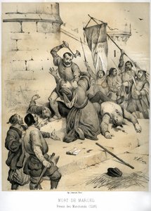 Etienne Marcel, gazdag drapier és Prevot des merchants (1316-1358) meggyilkolása 1358 júliusában Jean Maillart echevin, a királypártiak egyik vezetője által. Victor Adam (1801-1866) metszete a "Franciaország a középkorban" című könyvben, amely a következő  alkotó: Victor Adam
