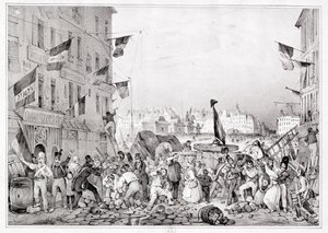 Barikád a Rue Dauphine-nál, 1830. július 29., metszet: H. Delaporte
