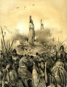 Jacques de Molay (Molai) (1243-1314), a templomosok rendjének utolsó nagy mestere (1298) halála a mészároson. Philippe le Bel letartóztatta (1307), megkínoztatta és bebörtönözte, majd élve elégette Normandia parancsnokával, Geoffroy de Charnnal együtt. alkotó: Victor Adam