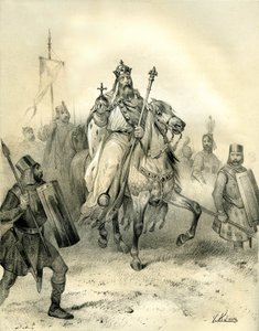 Nagy Károly császár a hatalom jelvényeit viselve, páncélos katonák élén lovagol csapatai élén. Victor Adam (1801-1866) metszete az Ardant testvérek által a 19. század közepén kiadott "Franciaország a középkorban" című könyvben. alkotó: Victor Adam