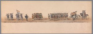 Történelmi körmenet az Utrechti Alkalmazott Tudományok Egyetemének második századik évfordulóján, 1836 (4. tábla) A holland hadsereg közeledése Ostendához, 1600. július 3-án, a nieuwpoorti győzelem másnapján; a H ​​H Student által adott jelmezes ábrázolás  alkotó: Victor Adam