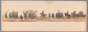 Történelmi körmenet az Utrechti Alkalmazott Tudományok Egyetemének második századik évfordulóján, 1836 (9. tábla) A holland hadsereg közeledése Ostendhez, 1600. július 3-án, a nieuwpoorti győzelem másnapján; a H ​​H Student által adott jelmezes ábrázolás s alkotó: Victor Adam