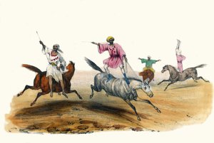 La voltige, par des Beduins. „” Album Grotesque, Choices of Types Remarkable”, illusztrációi Victor Adam, Párizs, 1850 körül. alkotó: Victor Adam