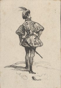 Férfi kardos, tollas kalapban, hátulról nézve, 19. század közepe. alkotó: Victor Adam