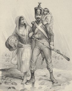 Katona nővel a karján, gyerekkel a hátán, 19. század közepe... alkotó: Victor Adam