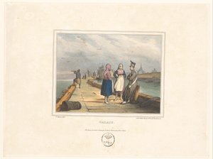 Két lány és egy katona a calais-i leszállópályán Calais (cím a tárgyon) A kikötővárosok lakóinak jelmezei (sorozat címe) Costumes de marins, dessinés dans les ports (sorozat címe) alkotó: Victor Adam