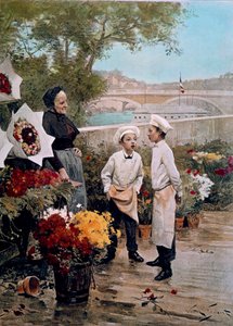 A mecénások bulija Virágüzlet-tanoncok és virágbolt a dokkban. Metszet Victor Gabriel Gilbert festménye után (1847-1933) XIX. Párizs, díszítőművészet