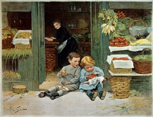 Járja be őt. Gyermek pirítóst eszik az anyjuk élelmiszerei előtt. A kislány térdén baba van. Victor Gilbert (1847-1935) festménye. Párizs, dekoratív művészet alkotó: Victor Gabriel Gilbert