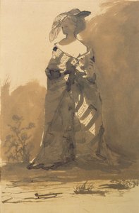 Felöltőt és tollas kalapot viselő nő (toll, tinta és mosás papíron) alkotó: Victor Hugo