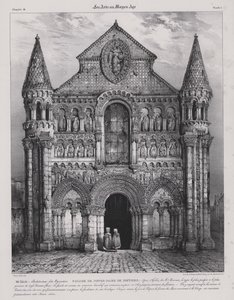A Notre Dame la Grande templom román stílusú homlokzata, Poitiers, Franciaország (litho)