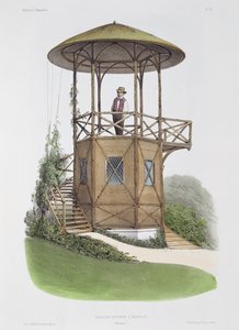 Rusztikus pavilon Marcillyben, a "Habitations Champetres"-ből, metszet: Beaquet Freres, 1855 körül.