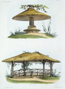 Rusztikus padok, a „Habitations Champetres”-ből, 1855 körül (kromolitográfia)