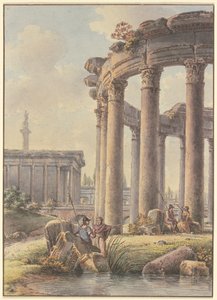 Építészeti capriccio: egy körtemplom romjai, a háttérben Traianus oszlopa alkotó: Victor Jean Nicolle