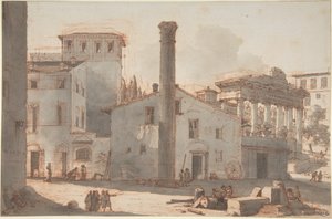 Kilátás a Forum Romanumra a Phókasz-oszloppal és a Szaturnusz-templommal alkotó: Victor Jean Nicolle