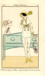 Nő krepp-de-chine köntösben, övvel és gyöngyökkel hímzett táskával. Egy Ámor szerelmi nyilat céloz a fejére. Robe de crepe de chine, sac et ceinture brodes de perles. Kézzel színezett pochoir (stencil) rézkarc Victor Lhuer, Tommas illusztrációja alapján