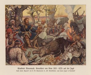 Vlagyimir II Monomakh, a Kijevi Rusz nagyhercege vadászaton (színes litográfia) alkotó: Victor Mikhailovich (after) Vasnetsov