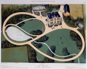 Nagy, 6300 négyzetméteres angolkert, Az illusztráció a Parcs et Jardins des environs de Paris-ból (Párizs körüli parkok és kertek), 1850 körül, Victor Petit (1818-1871) litográfiája, Franciaország alkotó: Victor Petit