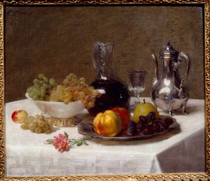 Asztali sarok Gyümölcscsendélet (szőlő, birs és körte), evőeszközök és boroskancsó. Victoria Dubourg (1840-1926) festménye 20. század V. 0,52x0,63 m Grenoble, Musee des Beaux Arts alkotó: Victoria Dubourg