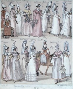 Normandiai hagyományos viseletek, 1830 körül (színes litográfia) alkotó: Vierne (after)