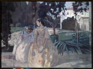 Gobelin. Két elegáns fiatal nő sétál egy gazdag birtok kertjében. Viktor (Victor) Elpidiforovics Boriszov Musatov (Boriszov-Muszatov) festménye (1870-1905). tempera vászonra
