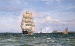 Dán bárka Kronborg vára előtt és Elsinore a távolban alkotó: Vilhelm Arnesen