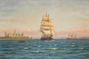 Vitorlás hajók és egy komp Kronborg előtt. alkotó: Vilhelm Arnesen
