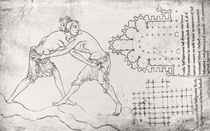 Ms.Fr.19093 fol.14v Két birkózó, egy ciszterci templom terve és a Notre-Dame de Cambrai kórusának terve (fakszimile másolat)