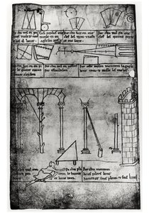 Ms.Fr.19093 fol.20v Geometriai alakzatok építkezéshez, boltívek és toronymagasságot mérő ember (fakszimile másolat)