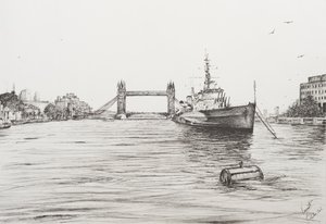 HMS Belfast a Temze folyón London, 2006, (Tinta a papíron) alkotó: Vincent Alexander Booth