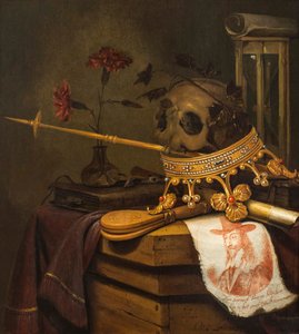 Vanitas-csendélet koponyával, koronával, jogarral, furulyával, fújtatóval, homokórával, szegfűkkel üvegvázában, tekercs, könyv és I. Károly vésett portréja alkotó: Vincent Laurensz van der Vinne
