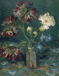 Palack bazsarózsával és kék delphiniummal, Gogh, Vincent, van (1853-1890). Olaj, karton, mérete: 34,5x27 alkotó: Vincent van Gogh