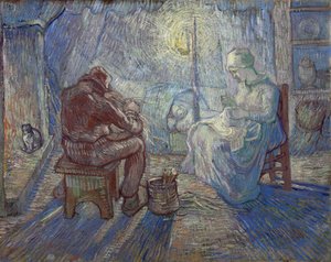 "Éjszakai" (éjszakai) paraszti család egy belső térben – Vincent van Gogh (1853-1890) festménye Millet után alkotó: Vincent van Gogh