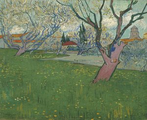 Virágzó gyümölcsösök, kilátás Arles-ra alkotó: Vincent van Gogh