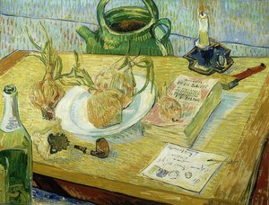 Csendélet rajzlappal, pipával, hagymával és pecsétviasszal. 1889 alkotó: Vincent van Gogh