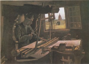 Takács nyitott ablak előtt, kilátással Nuenen tornyára alkotó: Vincent van Gogh
