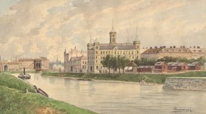 A bécsi Weissgärber Lände a dunai gőzhajó épületével alkotó: Vincenz Havlicek