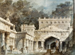 Francesco Bagnara díszlete a Norma ötödik jelenetéhez, Vincenzo Bellini (1801-1835) operájához, a velencei La Fenice Színházban