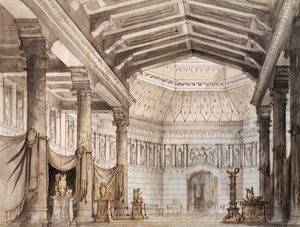 Francesco Bagnara díszletterve a Norma második jelenetéhez, Vincenzo Bellini (1801-1835) operájához, a velencei La Fenice Színházban