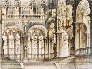 Francesco Bagnara díszlete a Capuleti és Montecchi harmadik jelenetéhez, Vincenzo Bellini (1801-1835) operájához, a velencei La Fenice Színházban