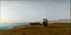 Kilátás a Viareggio strandra, a reggeli napsütés a toszkán tengerparton, két gyermek sziluettje. Vincenzo Cabianca (1827-1902) festménye