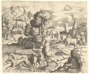 Diana, a vadásznő egy tájban, kb. 1530-42. alkotó: Vincenzo Caccianemici