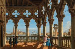Kilátás a Bacino di San Marcóra a velencei Palazzo Ducale loggiájáról.