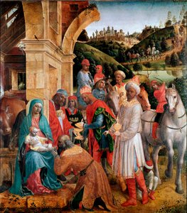 Vincenzo Foppa (kb. 1427-1515) mágusok imádása V. 239x210 cm London, National Gallery - The Adoration of the Kings, Vincenzo Foppa (c.1427-c.1515). Olaj, nyárfa, 239x210 cm, 1500 körül. National Gallery, London, Egyesült Királyság