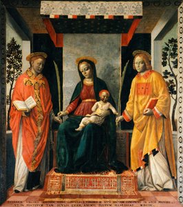 Madonna és gyermek Szent Faustin és Szent Jovita között, Vincenzo Foppa (kb. 1427-kb. 1515), Tempera, vászon, 205x226 cm
