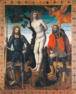 Szent Sebestyén, Szent Rocco és Szent Giorgio, Orzinuovi körmeneti zászlójának hátoldala, Vincenzo Foppa (kb. 1427 - kb. 1515), festménye vászonra.